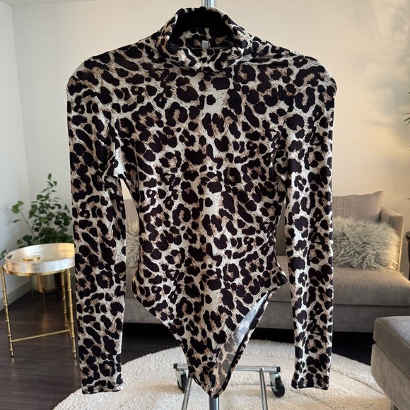 Black Brown Leopard bodysuit long sleeve mock neck size small - Picture 3 of 11